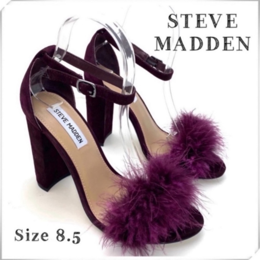 Steve Madden Fluffy Carabu Suede Ankle Strap Block Heel Sandal Burgundy Size 8.5